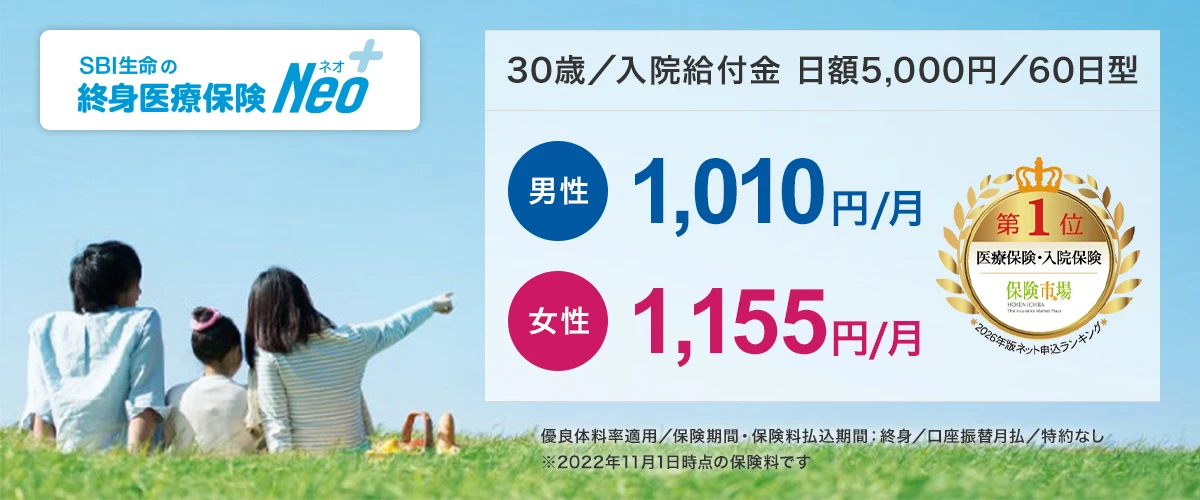 SBI生命『終身医療保険Neo＋』。30歳・入院給付金日額5,000円（60日型）で男性1,010円/月、女性1,155円/月